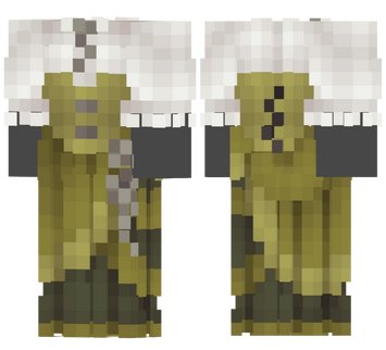 A sage and olive green dress with a bust corset and white, short puff sleeved top and silver decor